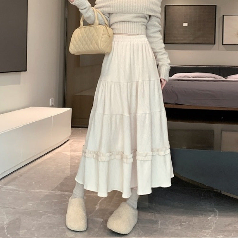 Slimming Midi A-Line Skirt With Korean Style Elastic Waist-Beige-Theone Apparel