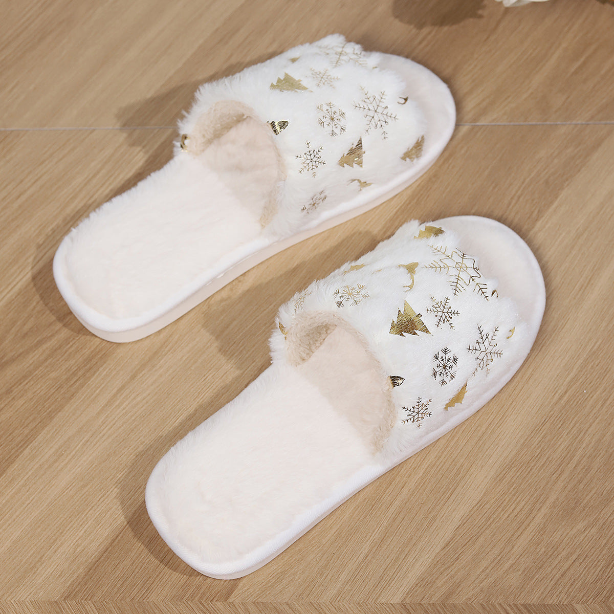 Soft Open Toed White and Gold Christmas Themed House Slippers-Theone Apparel