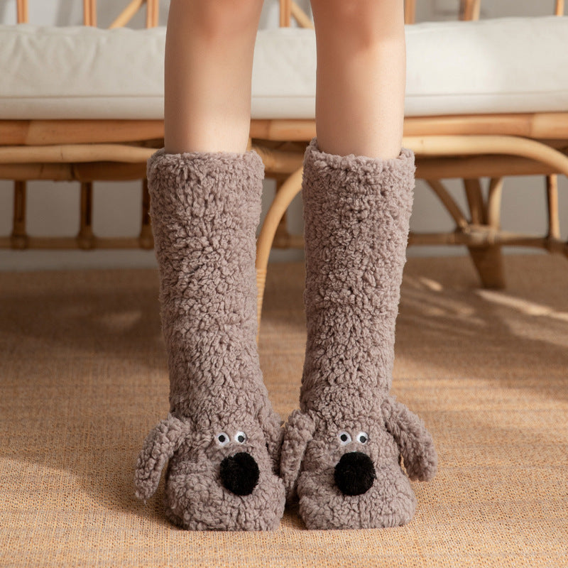 Soft and Thick White Winter Socks with Cute Dog Ears-Grey Brown Dog-Theone Apparel