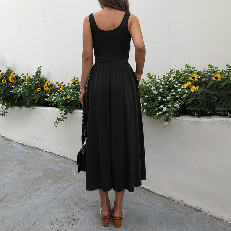 Square Collar Pleated Dress with Modern Sling Silhouette-Theone Apparel