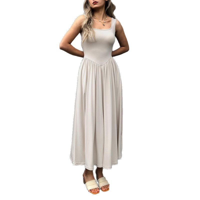 Square Collar Pleated Dress with Modern Sling Silhouette-Theone Apparel