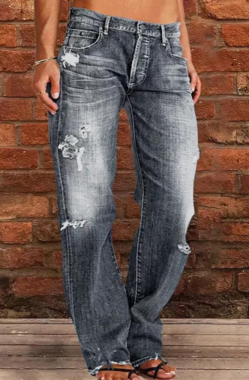 Unisex Loose Straight-Leg Ripped Denim Jeans for All Genders-Grey-Theone Apparel