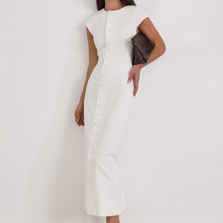 White Sheath Dress with Flying Sleeves and Single-Breasted Waist-White-Theone Apparel