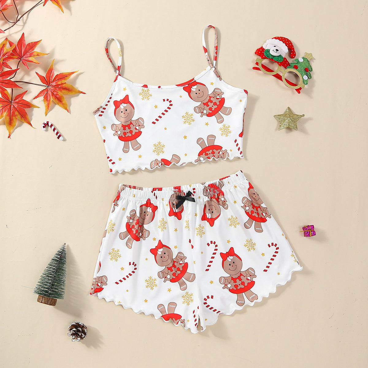 Women's Adorable Two Piece Christmas Pajama Crop Top and Shorts Set-White-Theone Apparel