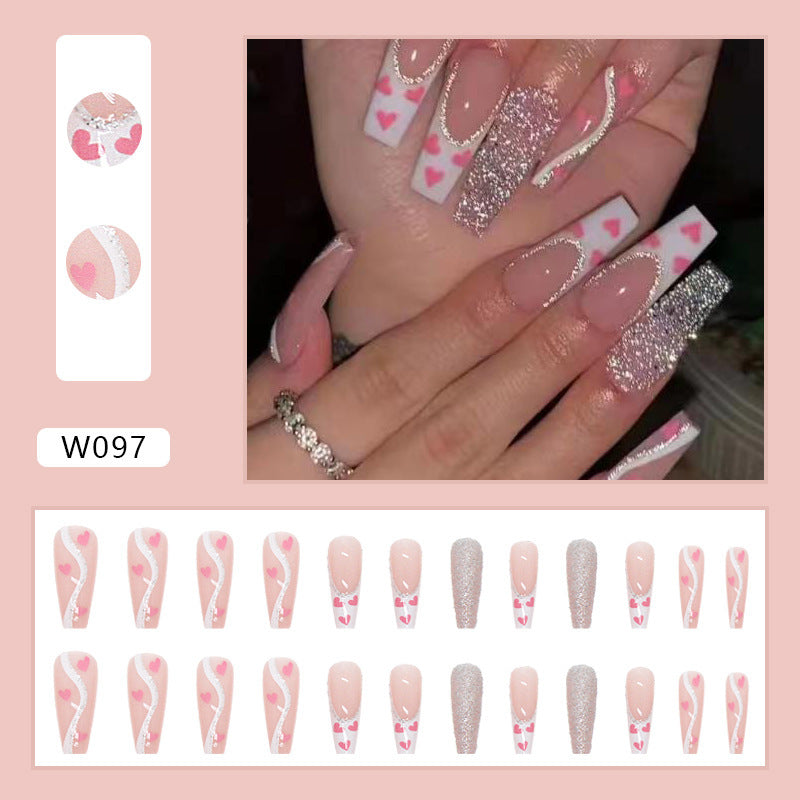 Women's Coffin Shaped Pink Nail Set with Gray Accent Nail-Pink/White-Theone Apparel