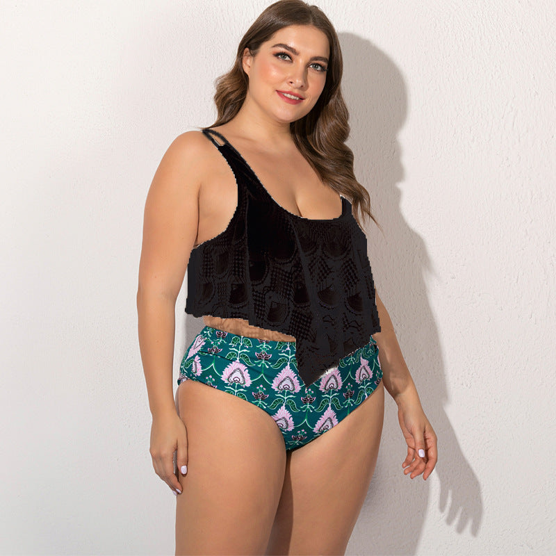Women's High Waist Plus Six Bikini with Lacy Top-Black-Theone Apparel