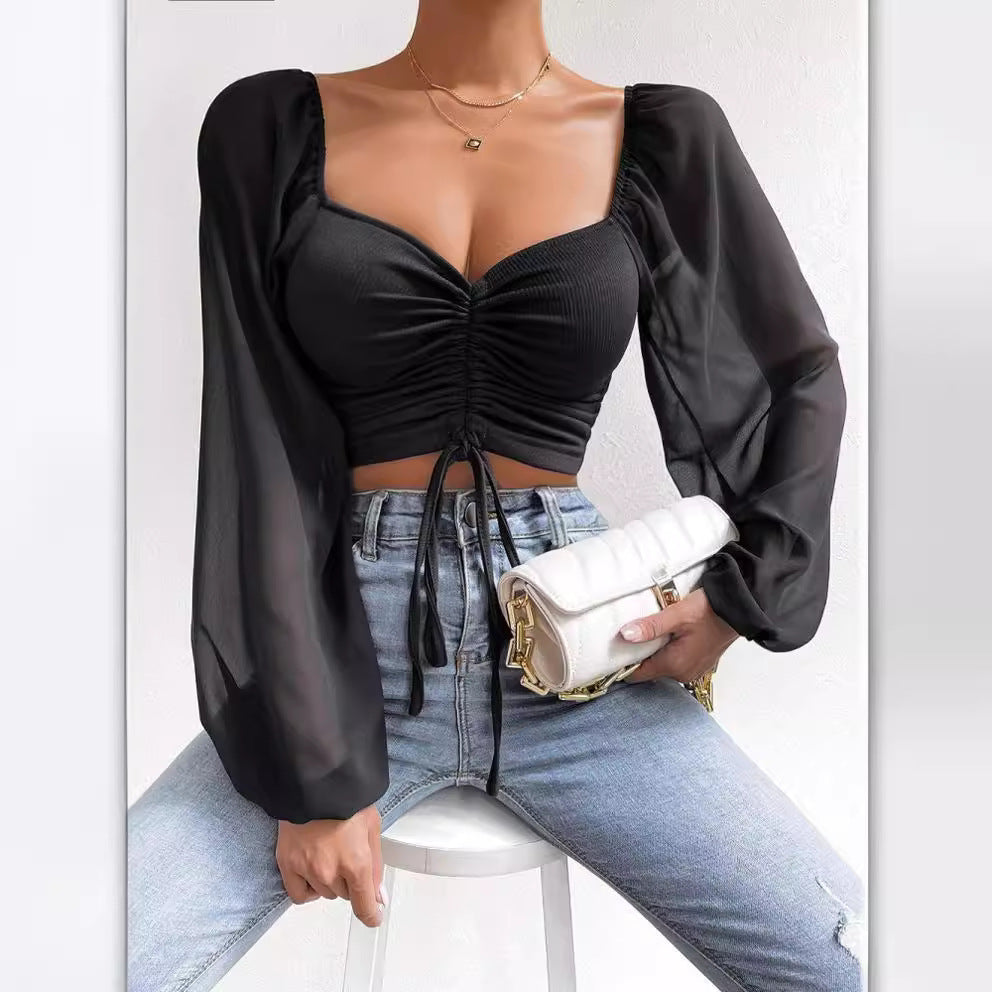 Women's Loose Fitting Billowy Sleeved Off the Shoulder Blouse-Black-Theone Apparel