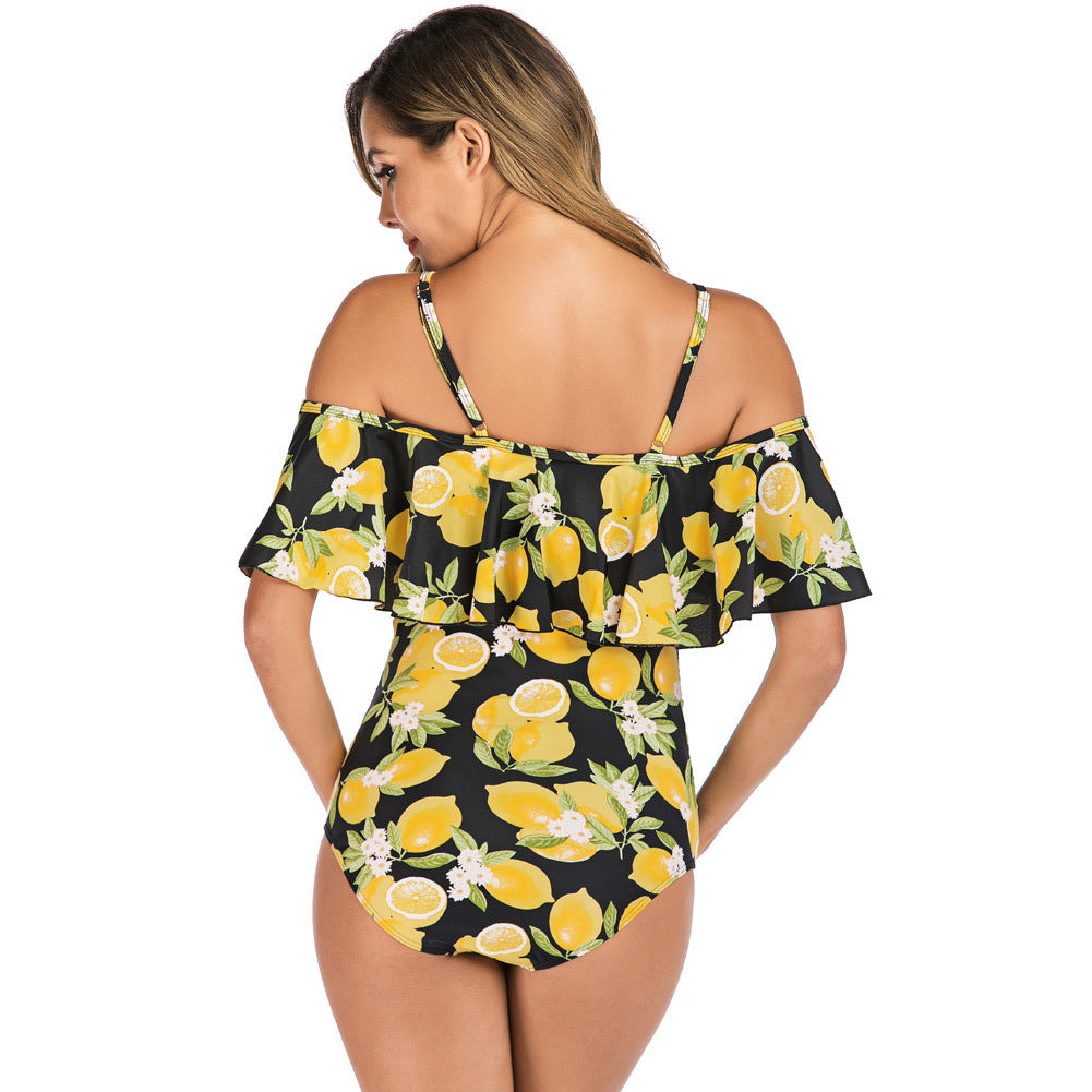 Women's One Piece Off Shoulder Lemon Print Swimsuit-Theone Apparel