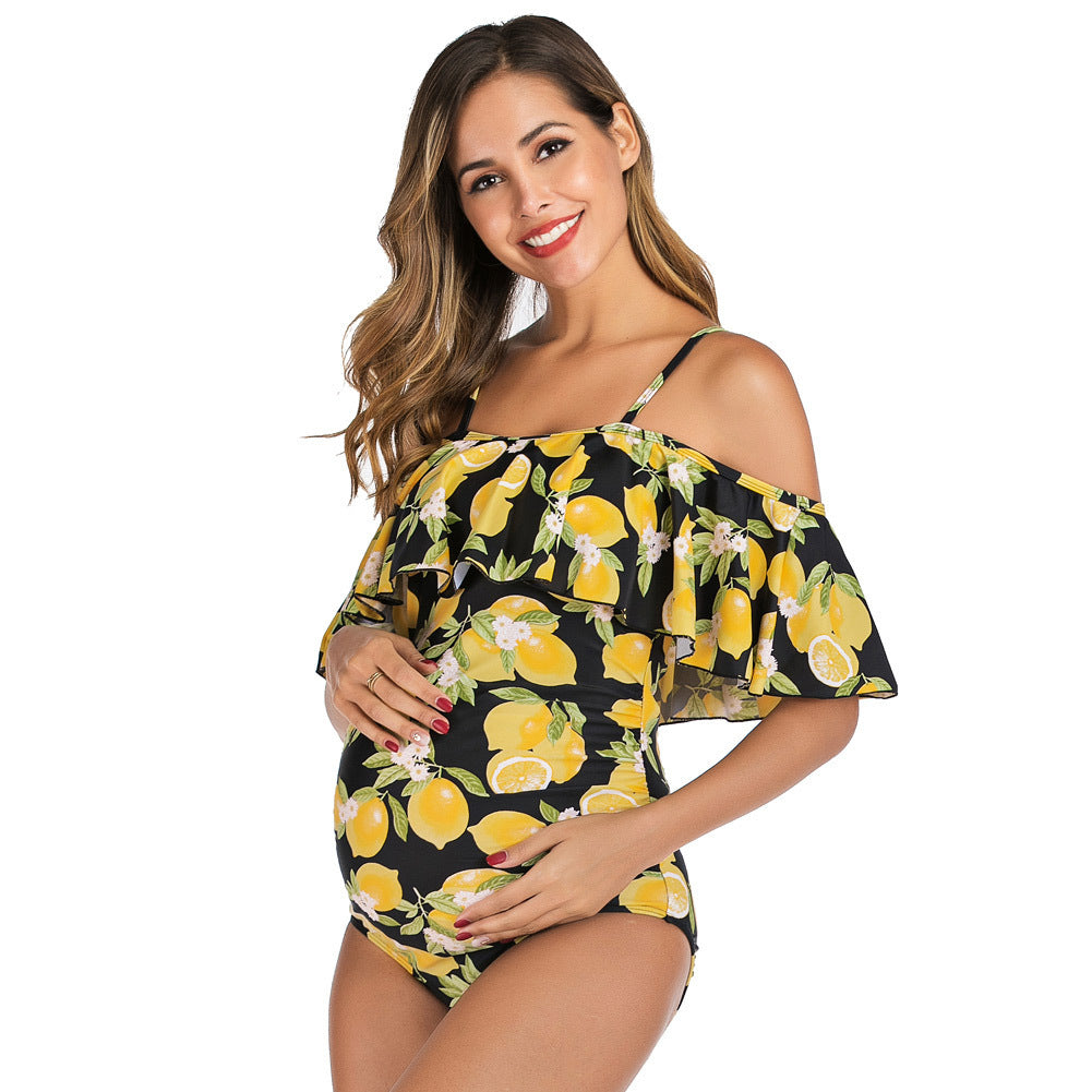 Women's One Piece Off Shoulder Lemon Print Swimsuit-Lemon-Theone Apparel