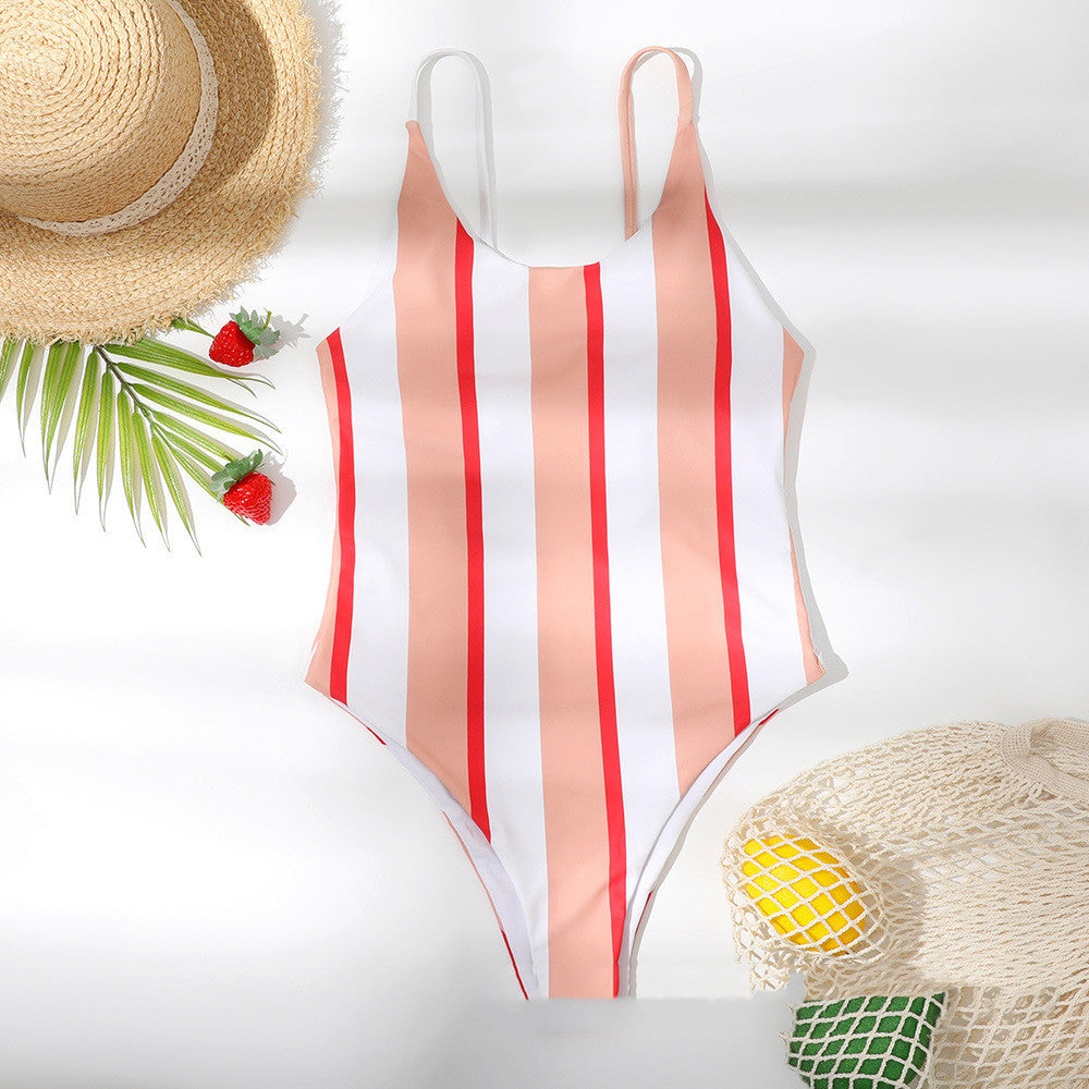 Women's One Piece Orange and Red Vertical Stripe Swimsuit-Pink-Theone Apparel