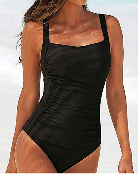 Women's One Piece Solid Color Square Neckline Swimsuit-Black-Theone Apparel