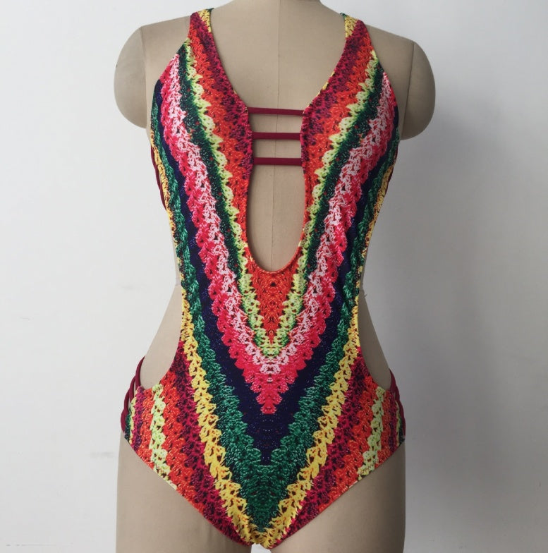 Women's One Piece Tropical Printed Swimsuit with Cutouts-Theone Apparel