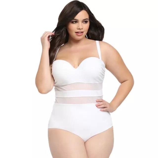 Women's Plus Sized One Piece Swimsuit with Sheer Midriff-White-Theone Apparel