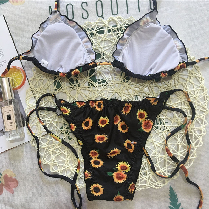 Women's Two Piece Black and Yellow Sunflower Print Bikini-Theone Apparel