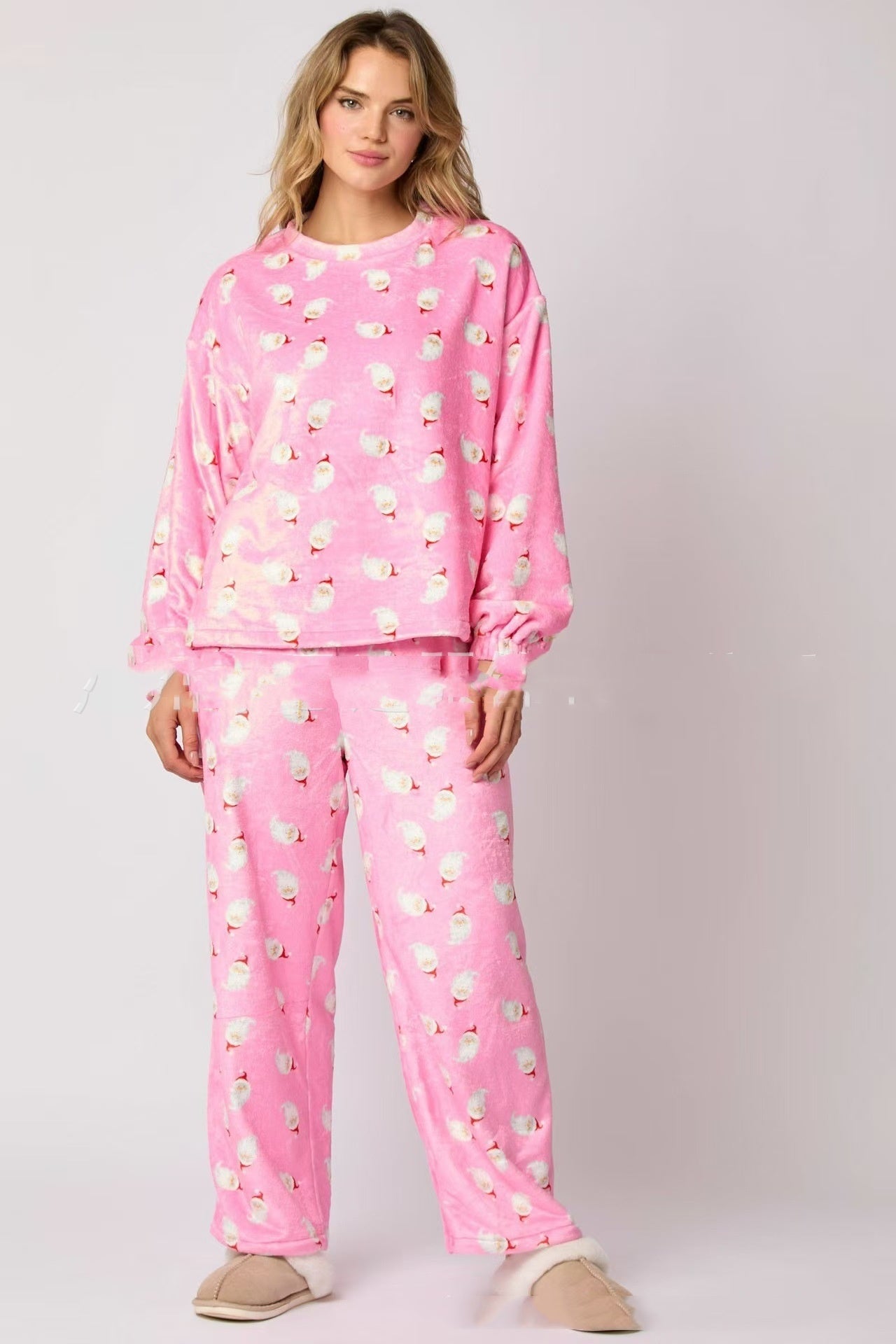 Women's Velvety Santa Hat Patterned Two Piece Pajama Set-Pink-Theone Apparel