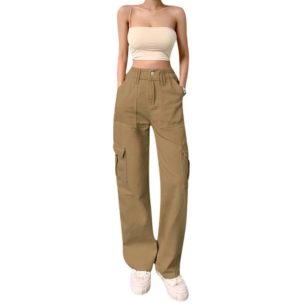 Workwear-Inspired Multi-Pocket High-Waist Straight Jeans-Light Brown-Theone Apparel