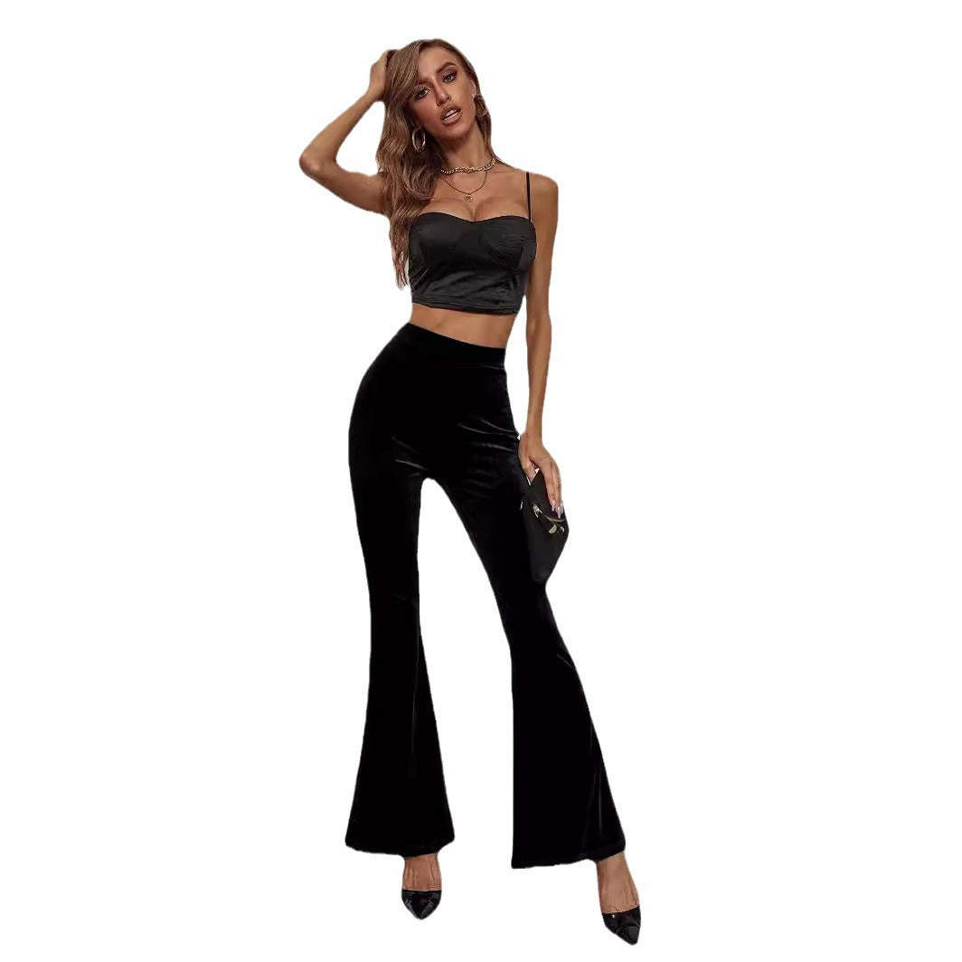 High-Waist Velvet Slim Fit Flared Pants For Elegant Outfits