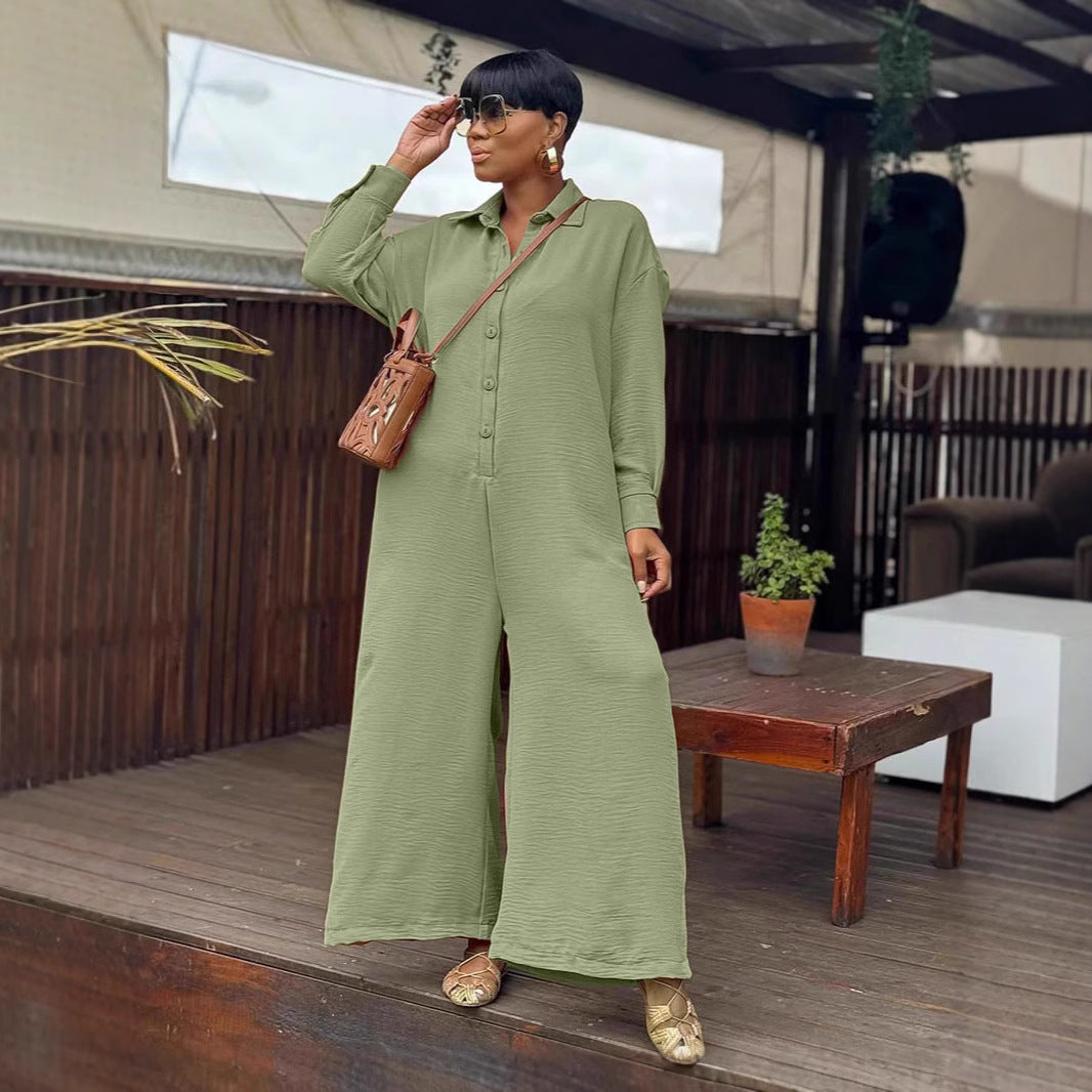 Casual Loose Round Neck Long Sleeve Wide Leg One-piece