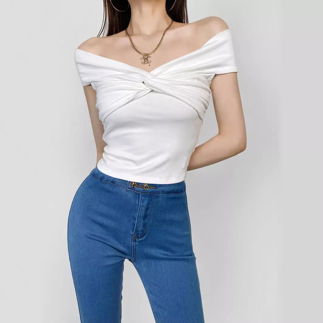 Pleated Twisted Layered Short Sleeve Stretch Top For Casual Outfits