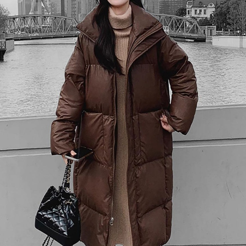 Coffee-colored Vintage Mid-length Padded Puffer Jacket