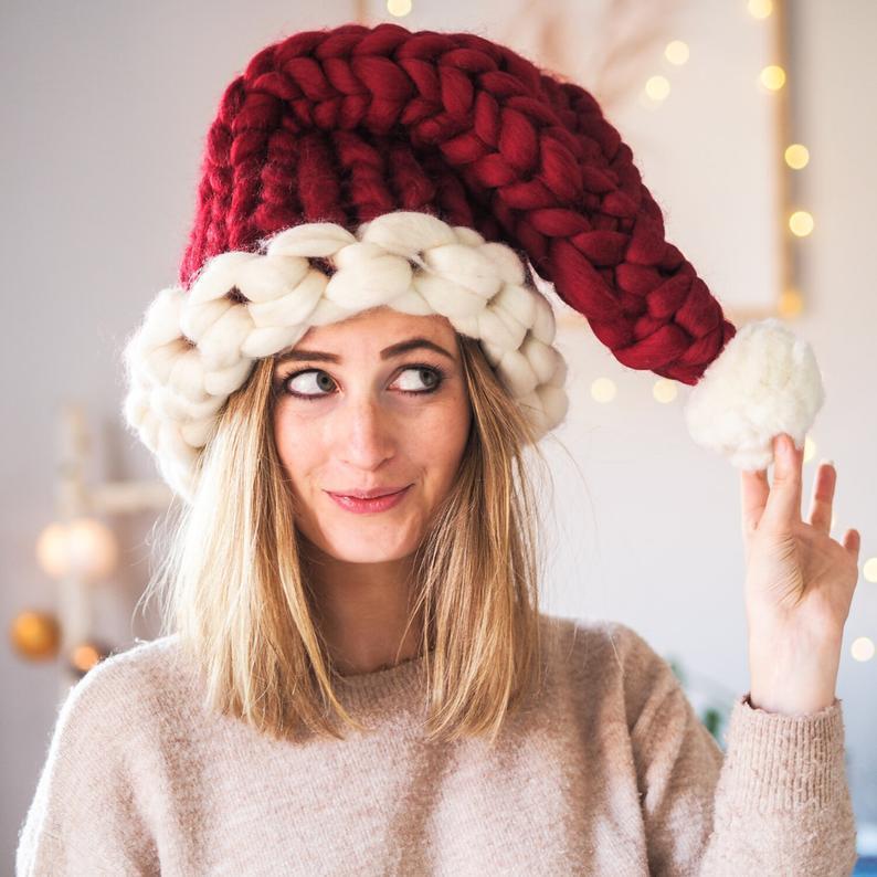 Cute Plush Knit Style Oversized Santa Hat with Puffball