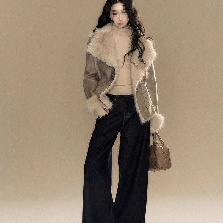 Suede Fur Trimmed Short Coat For Women