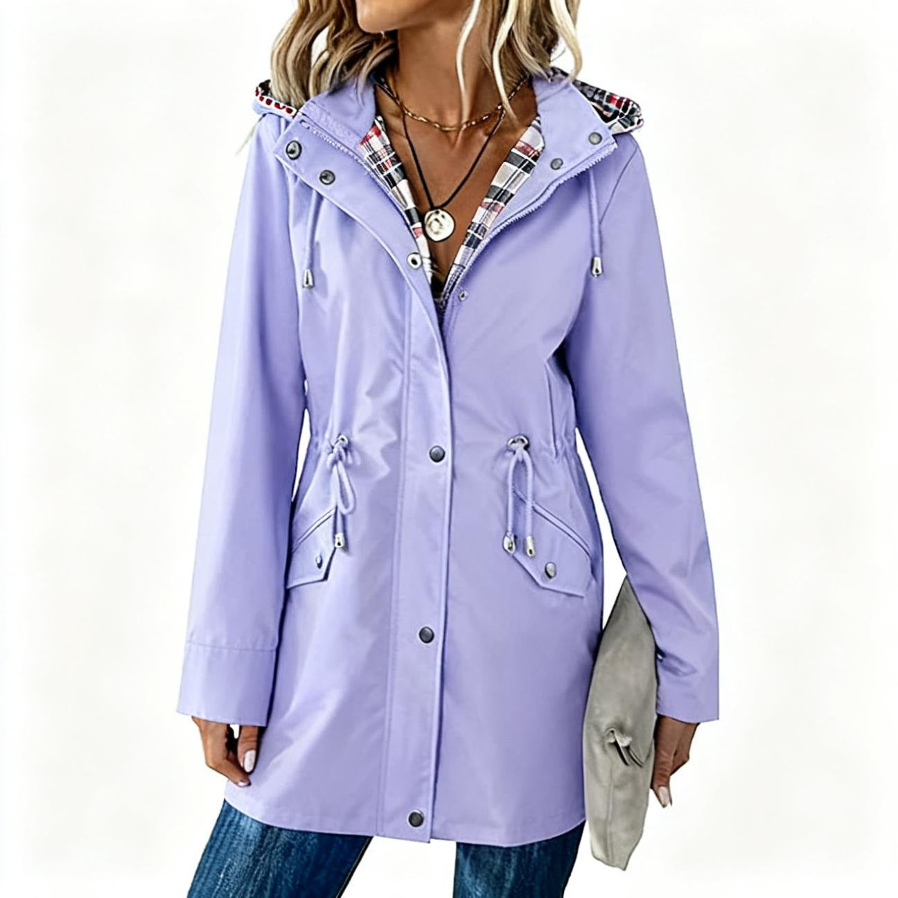 Ladies Hooded Drawstring Nipped-waist Plaid Coat