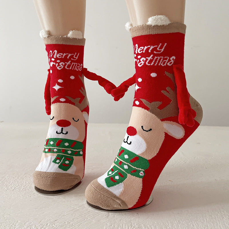 Cute Magnetic Hand Holding Christmas Themed Ankle Socks for Couples