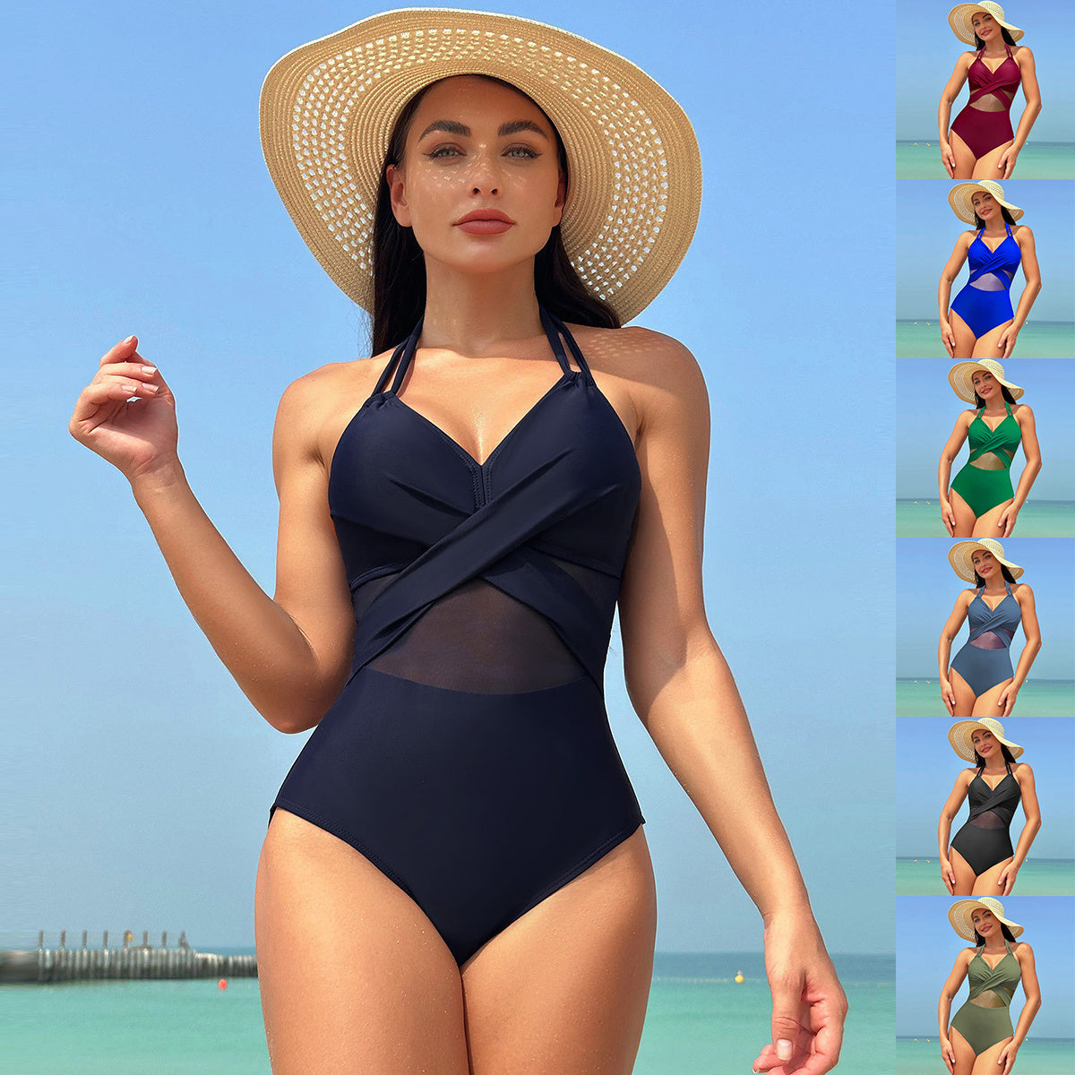 Women's One Piece Swimsuit with Mesh Midriff