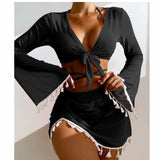 Women’s Tassel Fringe Two Piece Long Sleeve Swimsuit Coverup