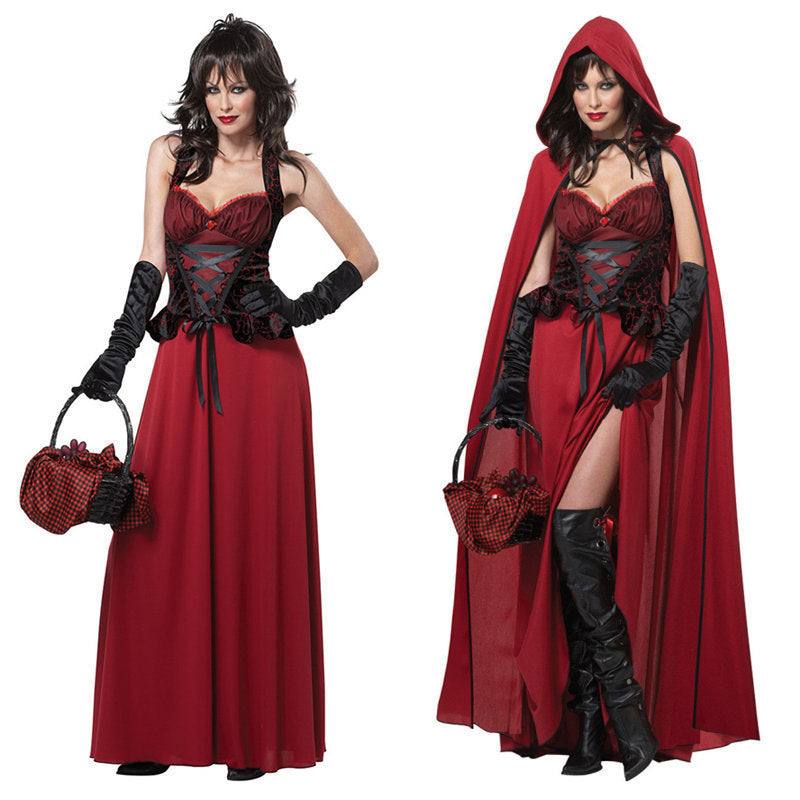 Black and Red Corset Dress with Hooded Cloak Halloween Costume