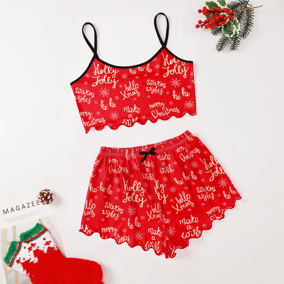 Women's Adorable Two Piece Christmas Pajama Crop Top and Shorts Set