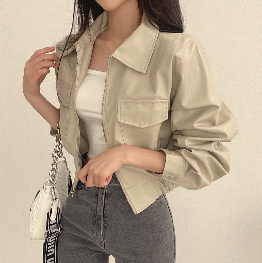 Double Pocket Lapel PU Lapel Coat With Generous Fit