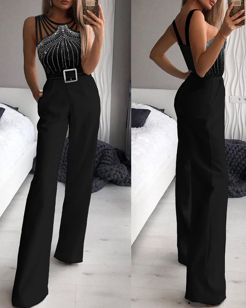 European And American-style Rhinestone-embellished Sexy Strapless Sleeveless Waist-cinching Jumpsuit