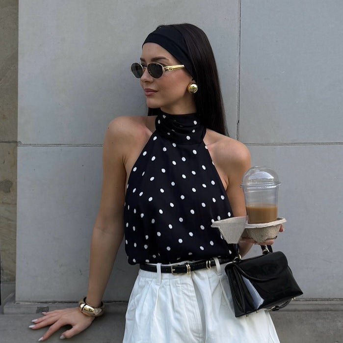 Satin Lace-Up Halterneck Slim Fit Backless Dot Print Camisole