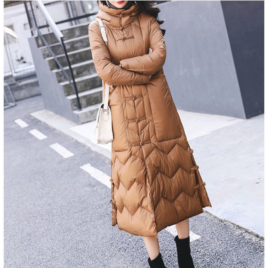 Women's Retro Knee-Length Coat With Frog Button Duck Down