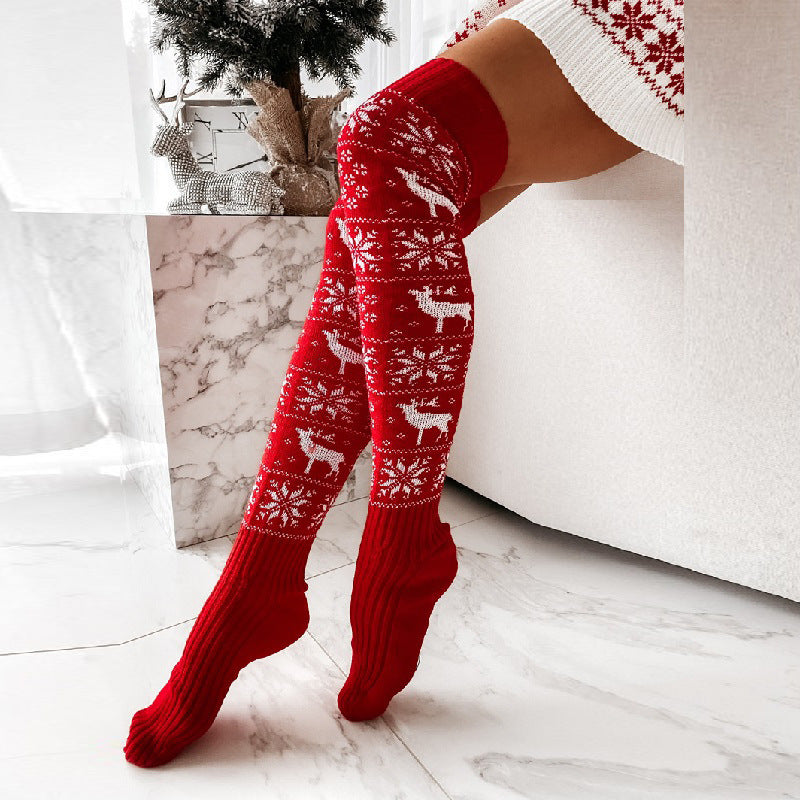 Thigh High Christmas Themed Knit Style Socks in Red and White