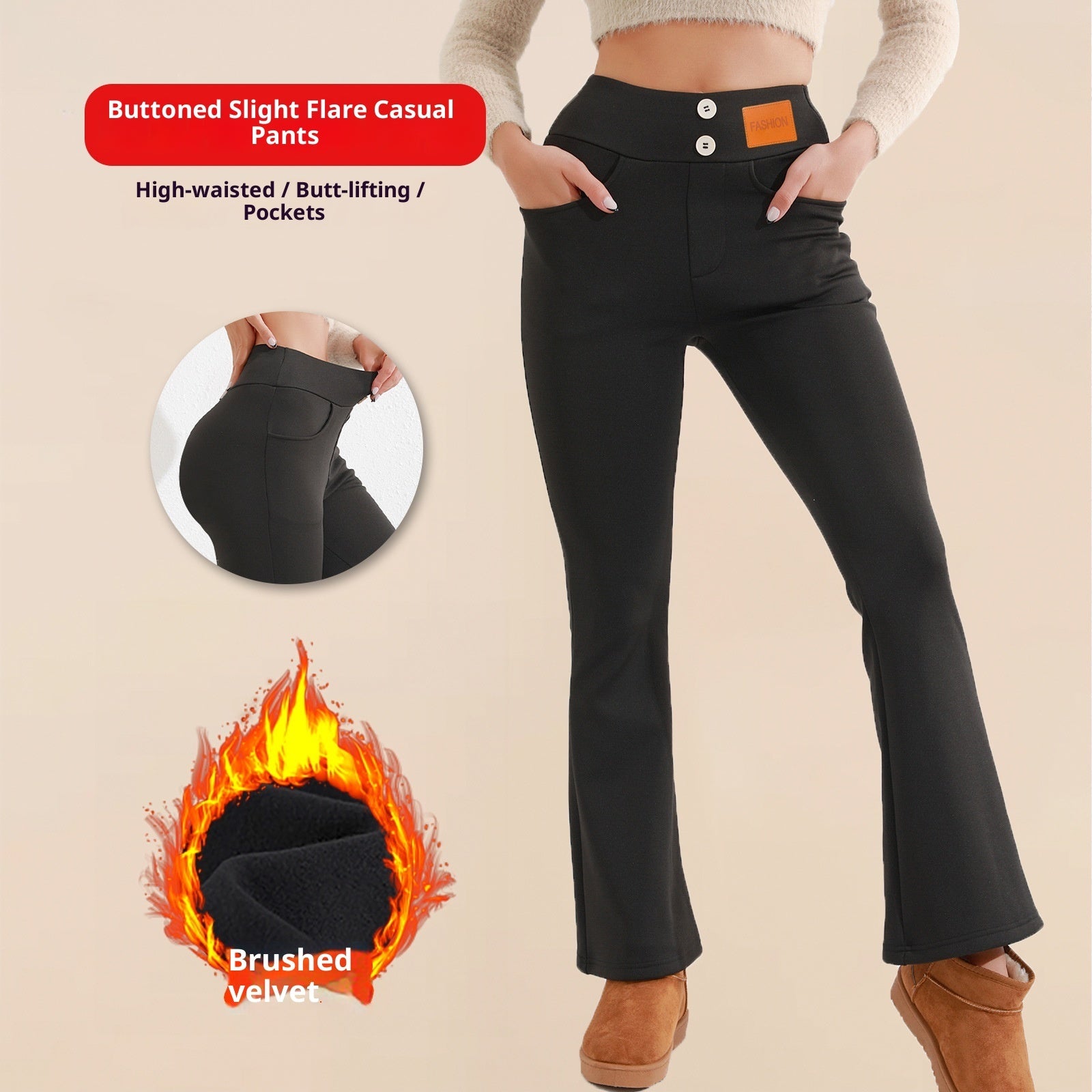 Brushed Casual High Waist Flattering Hip-lifting Button Commuting Pants