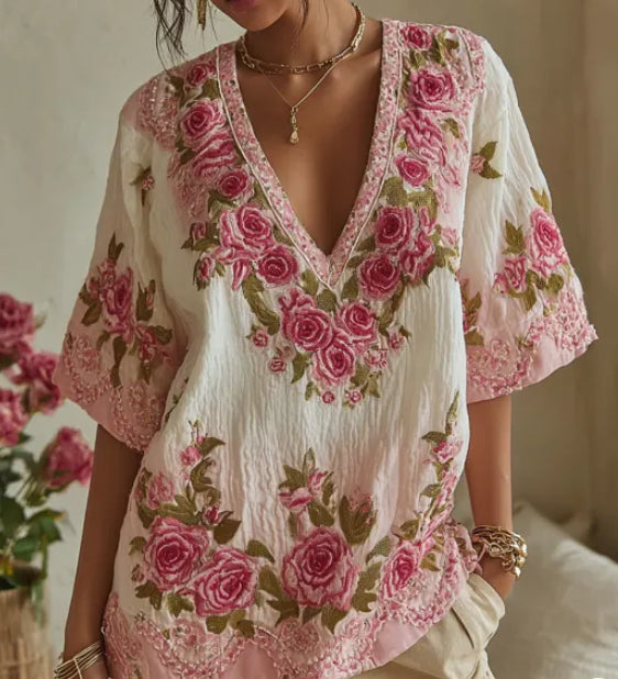 Retro Color-blocked Casual V-neck Mid-sleeve Top