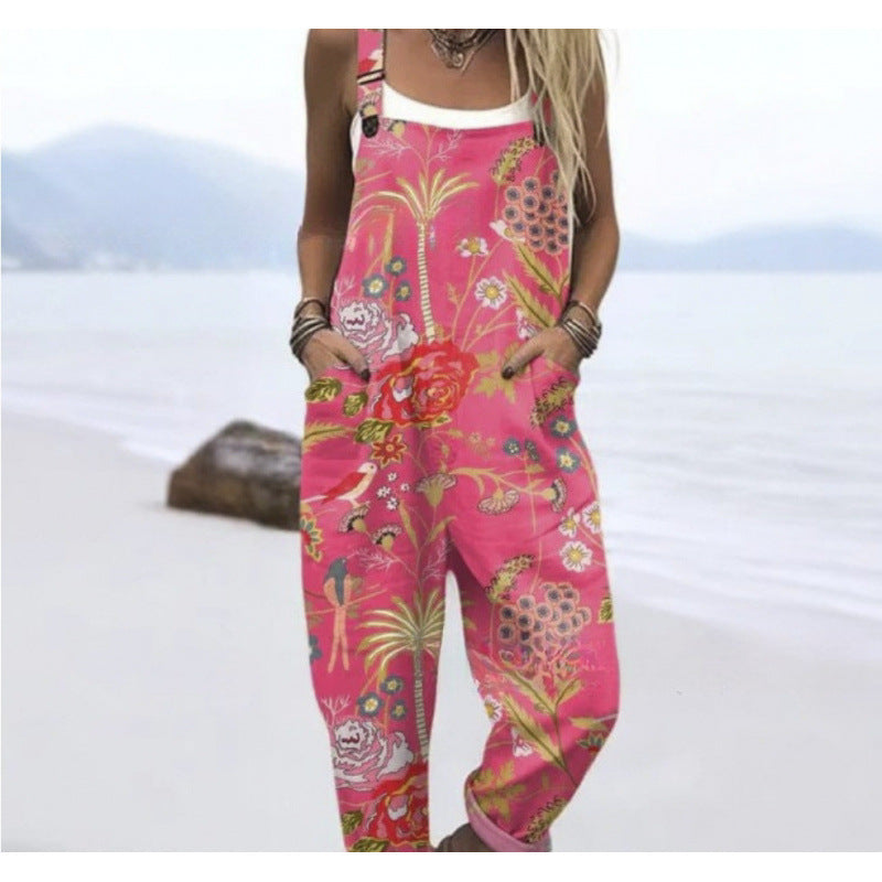 Women's Summer Digital Printing Button Casual Suspender Trousers