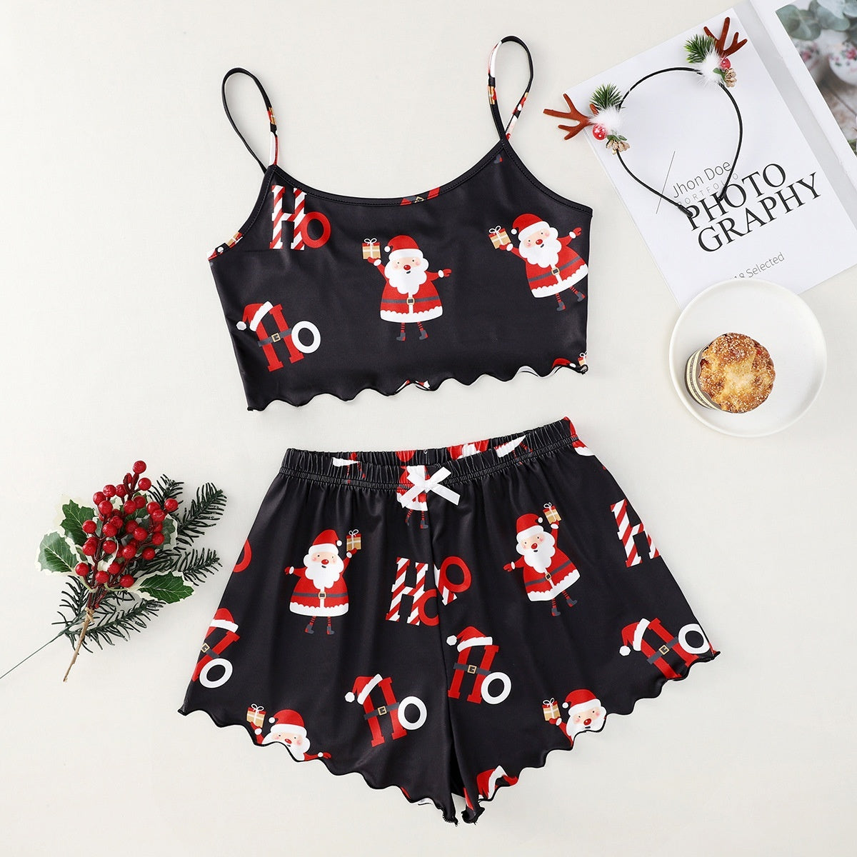 Women's Adorable Two Piece Christmas Pajama Crop Top and Shorts Set