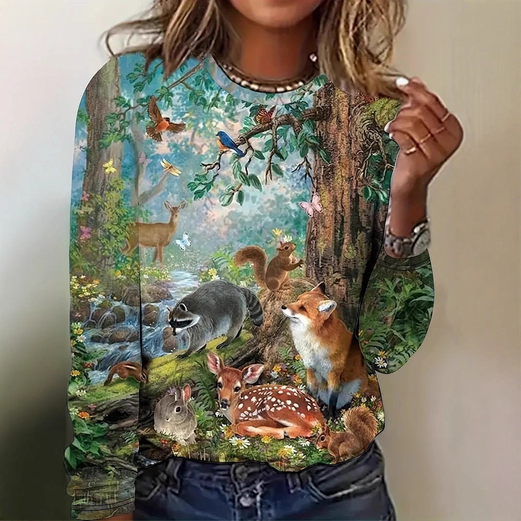 Crew-neck Top With 3D Animal All-over Print Faux-fleece Hoodie