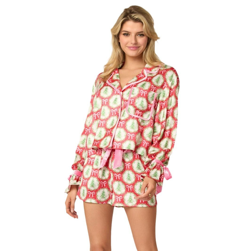 Women's Long Sleeve and Shorts Silky Christmas Pajamas