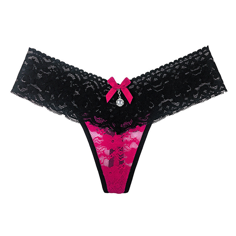 High Waist Lace and Bows Thong with Jewels