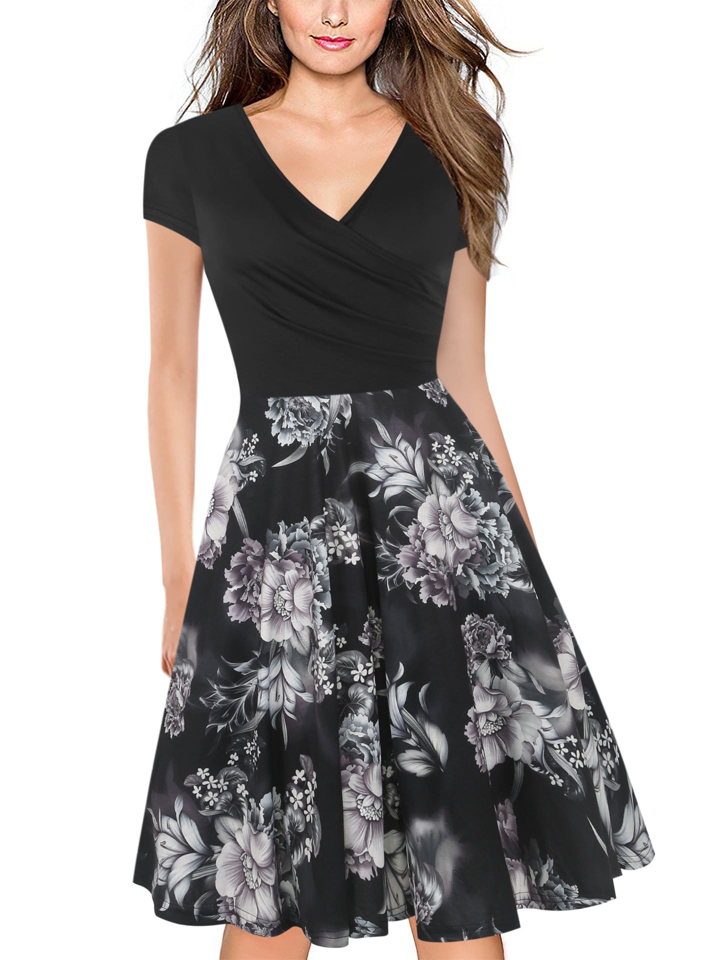 Contrast Patterned Skirt Surplice Dress - Theone Apparel