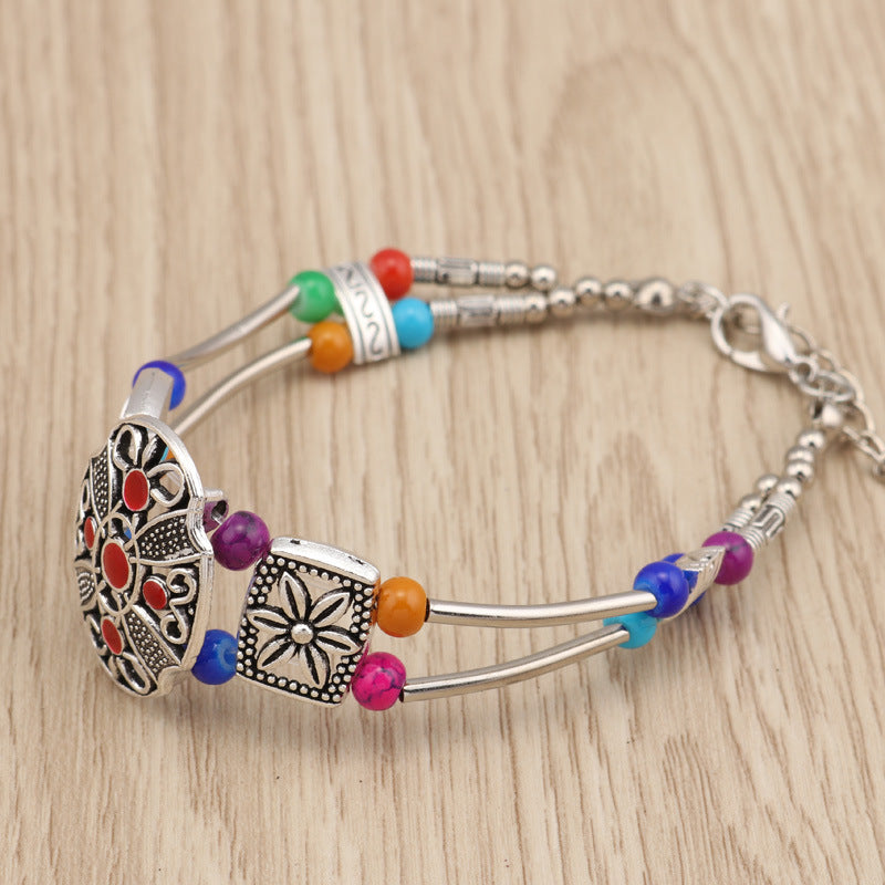 Colorful Floral Beaded Metal Bracelet