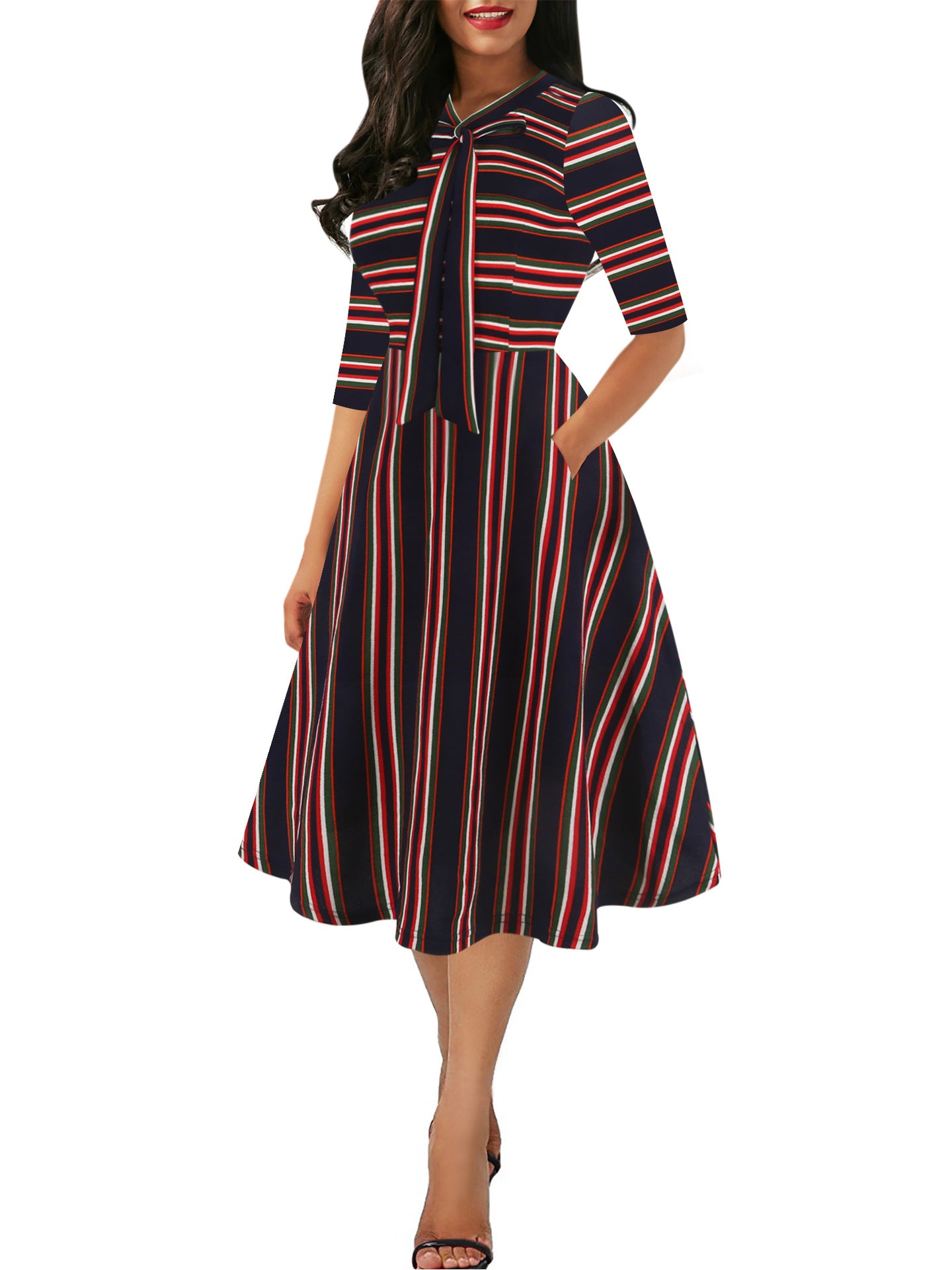 Half-Sleeve Tie-Neck Fit & Flare Dress