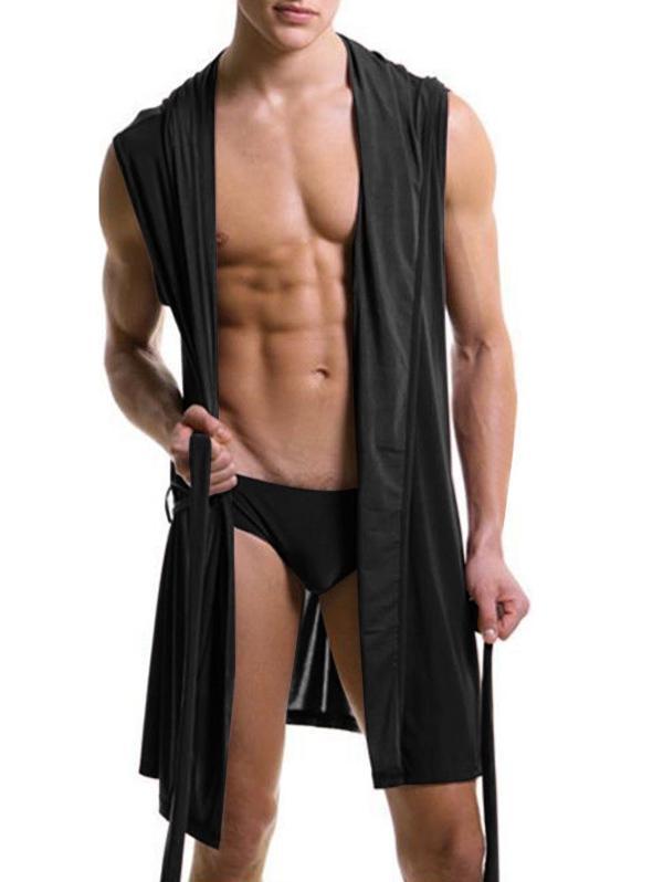 Mens Sexy Sleeveless Hooded Robe