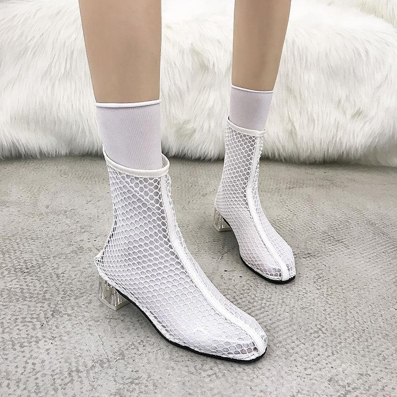 Clear Heel Fishnet Statement Booties - Theone Apparel