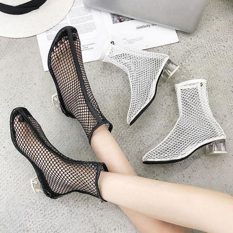 Clear Heel Fishnet Statement Booties - Theone Apparel